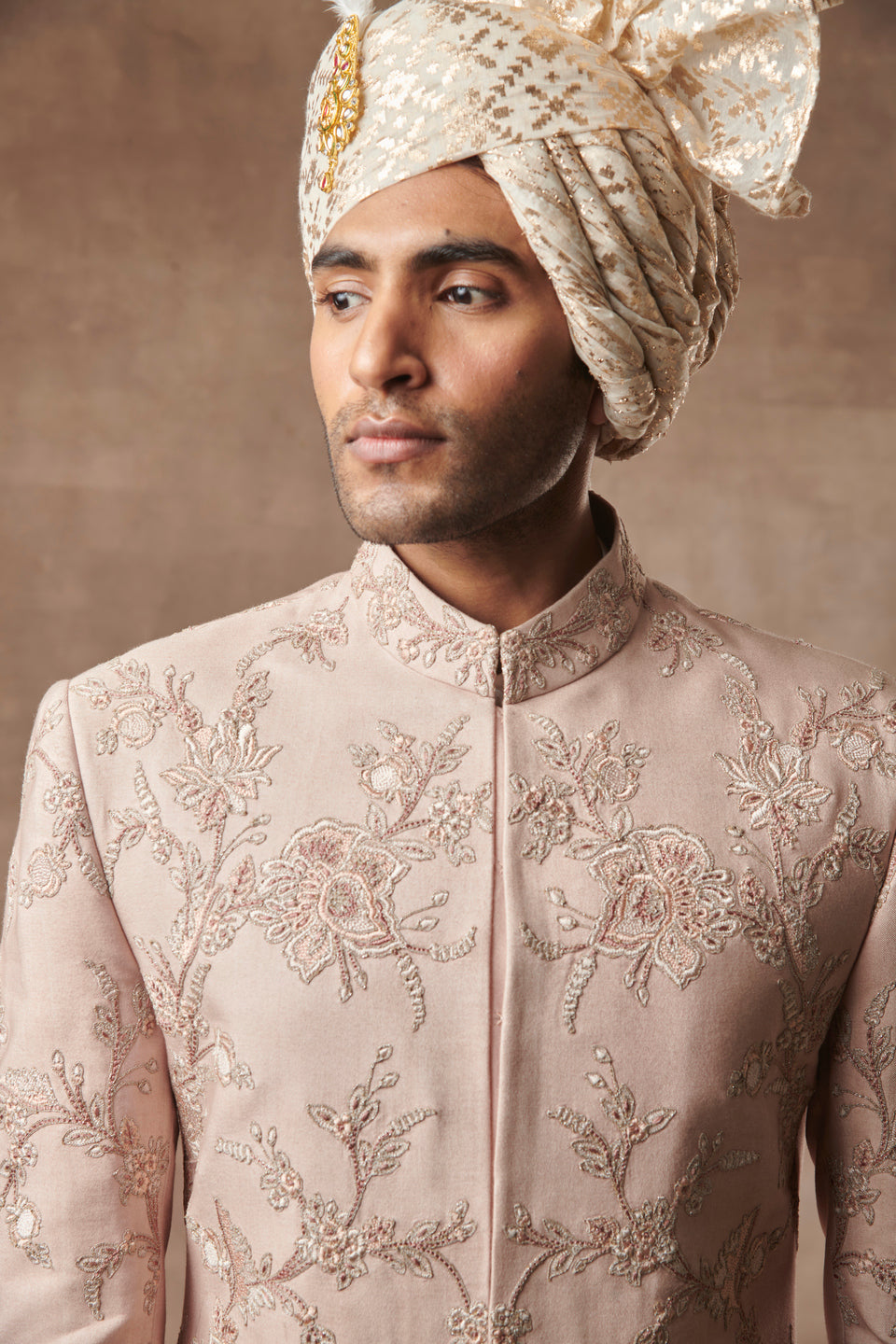 PEACH SILK EMBROIDERED SHERWANI SET 1