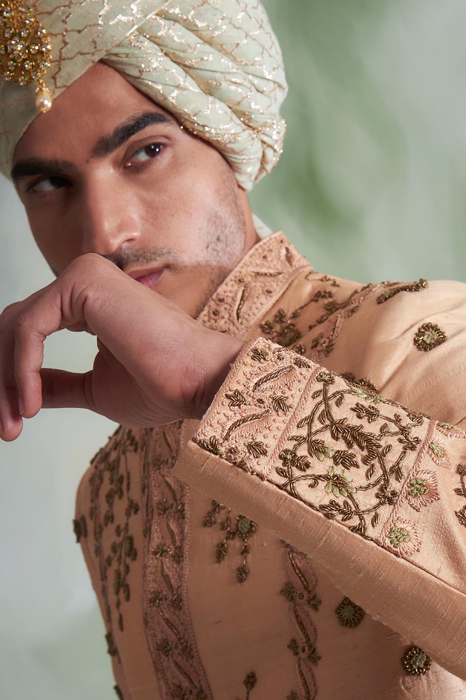 PEACH EMBROIDERED SILK SHERWANI SET 2