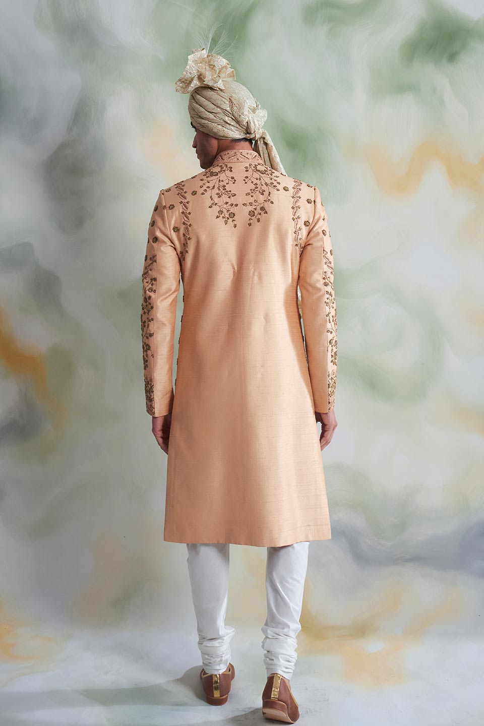 PEACH EMBROIDERED SILK SHERWANI SET 3
