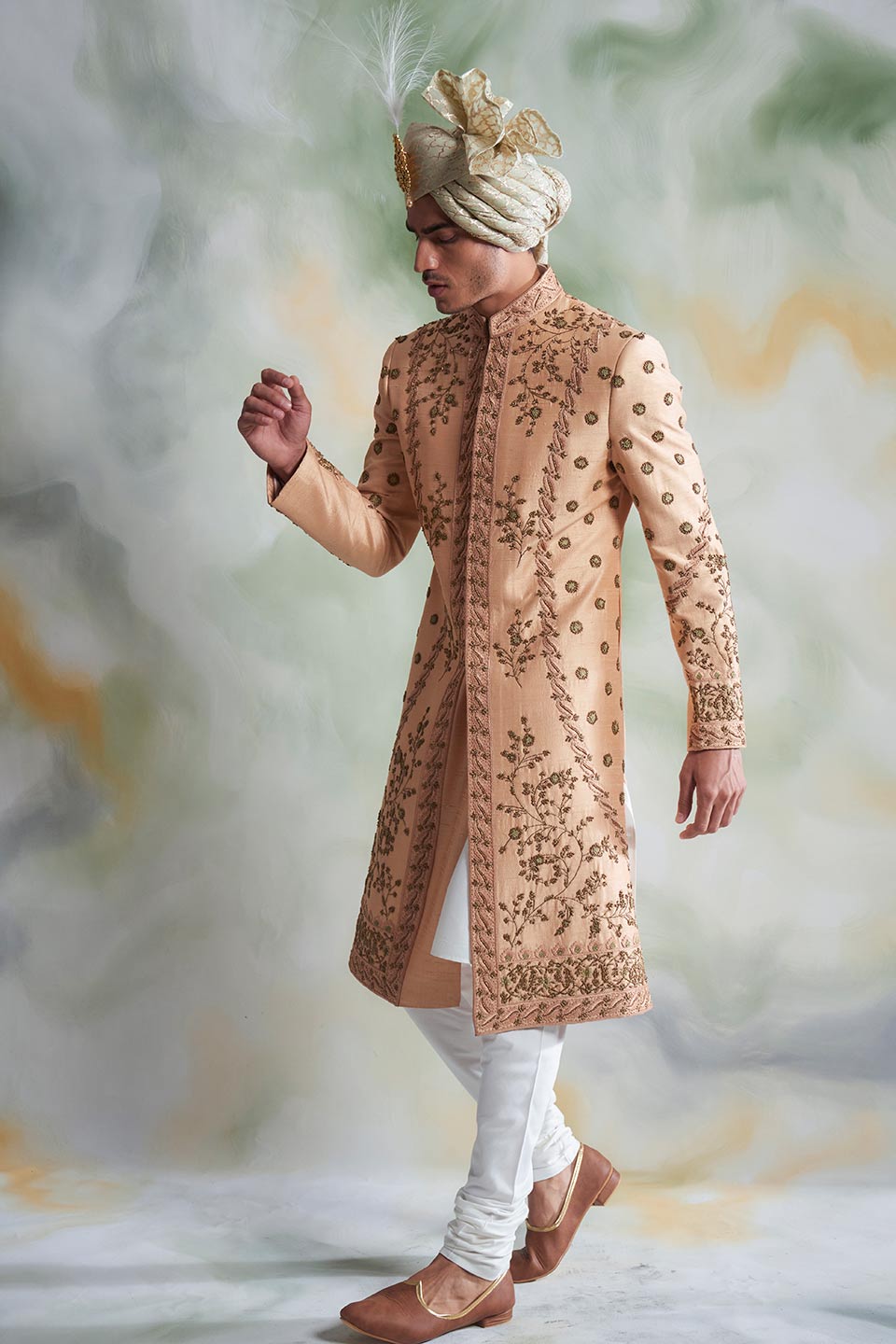 PEACH EMBROIDERED SILK SHERWANI SET 4