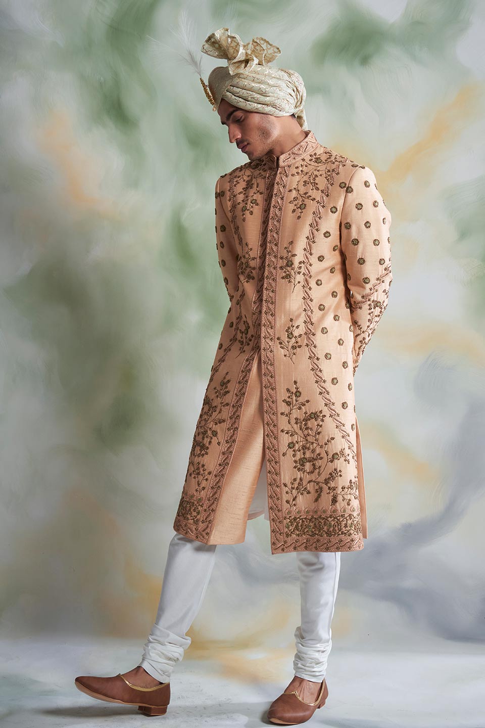 PEACH EMBROIDERED SILK SHERWANI SET 5