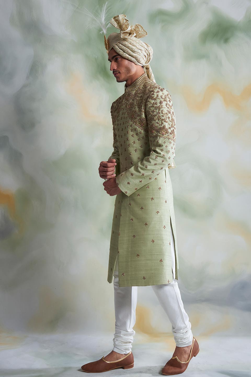 Gargee Designer's MINT EMBROIDERED SILK SHERWANI SET Gargee