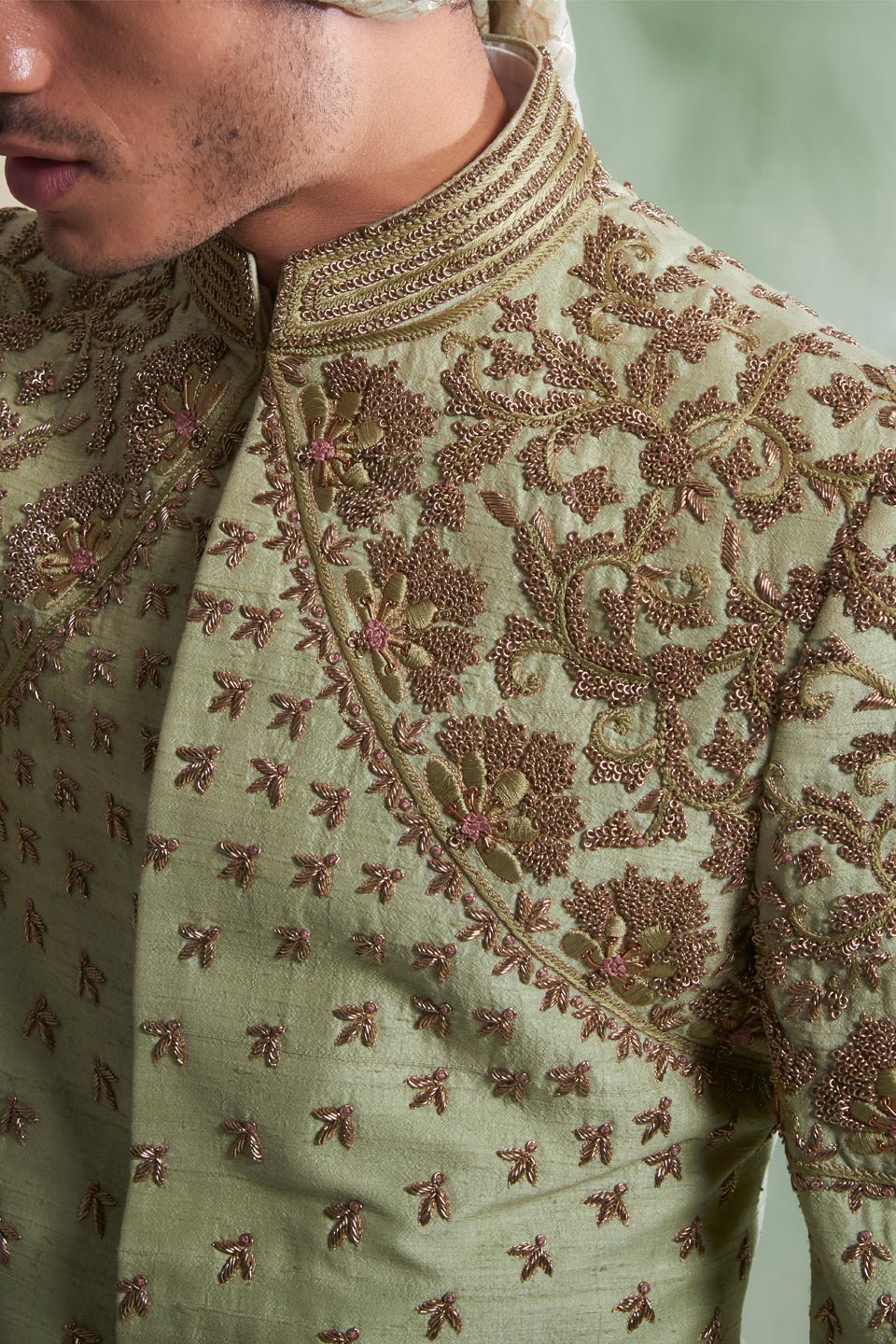 Gargee Designer's MINT EMBROIDERED SILK SHERWANI SET Gargee