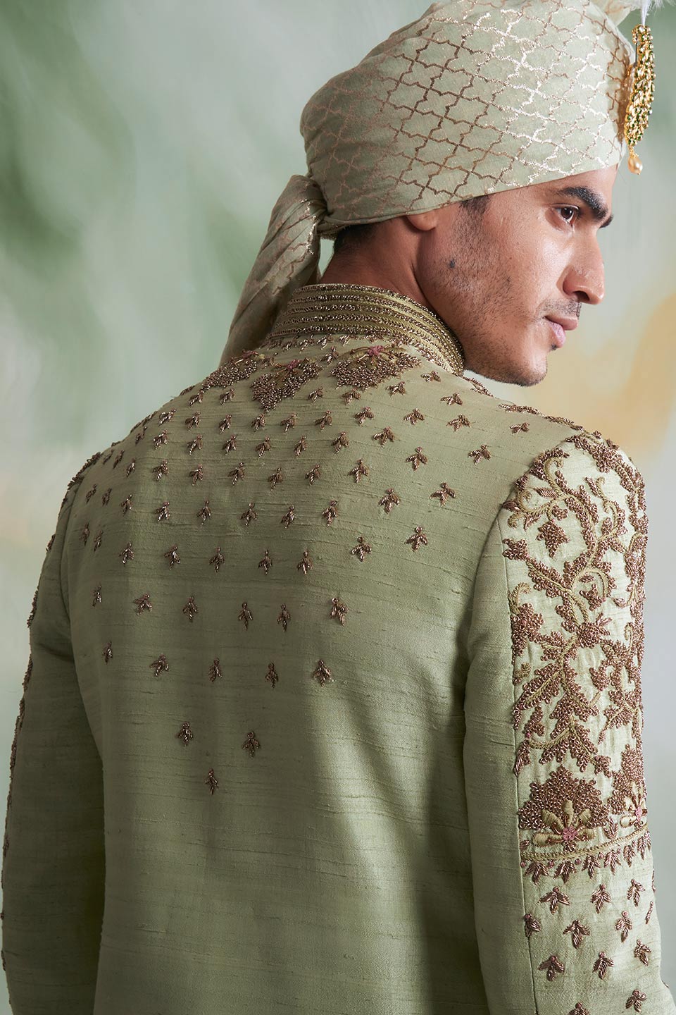 Gargee Designer's MINT EMBROIDERED SILK SHERWANI SET Gargee