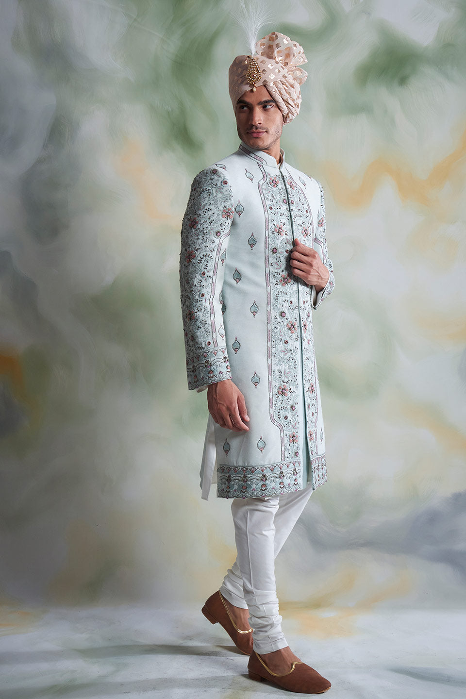 ICE BLUE EMBROIDERED SILK SHERWANI SET 2