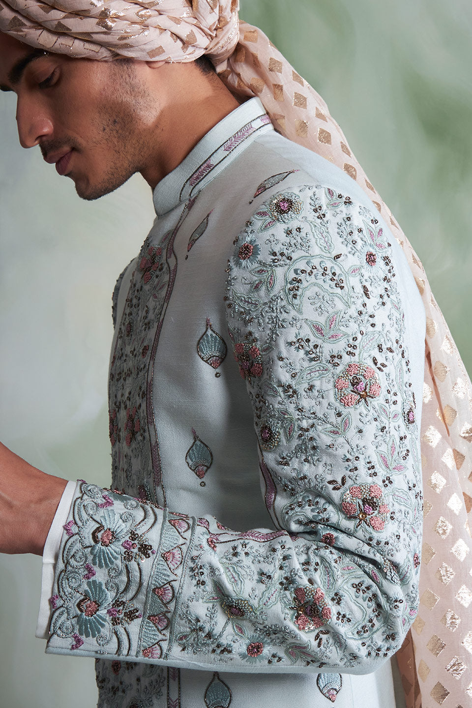 ICE BLUE EMBROIDERED SILK SHERWANI SET 3