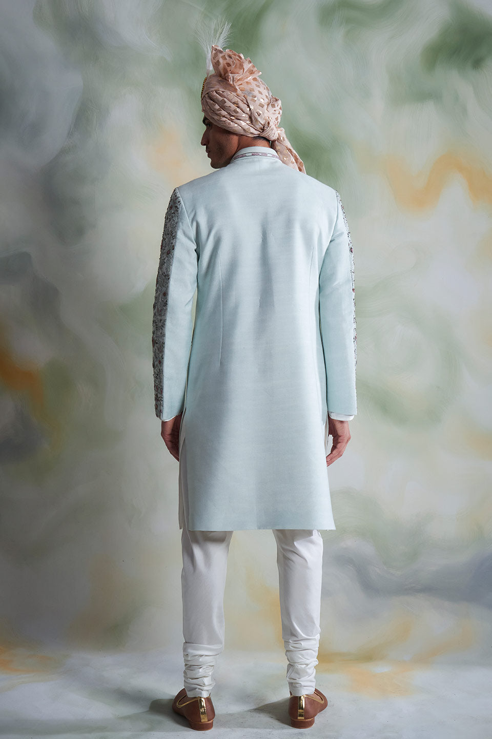 ICE BLUE EMBROIDERED SILK SHERWANI SET 5