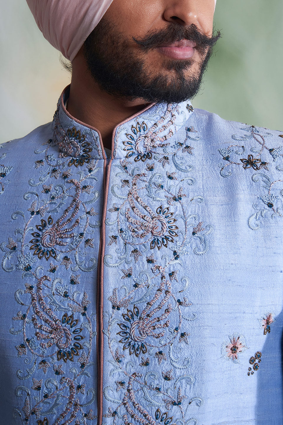 SKY BLUE EMBROIDERED SILK  SHERWANI SET 3