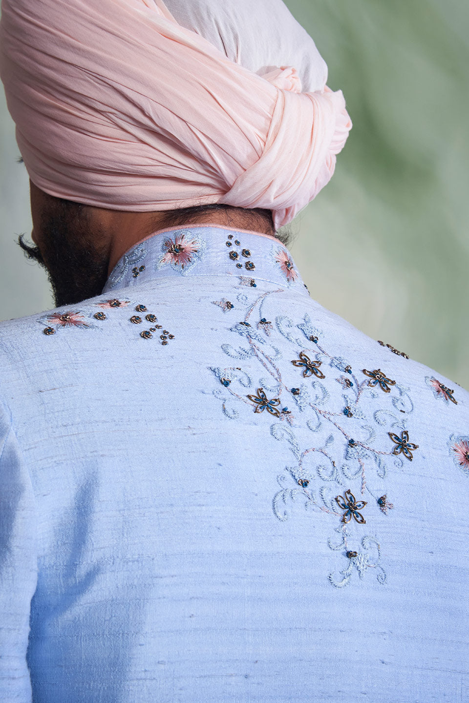 SKY BLUE EMBROIDERED SILK  SHERWANI SET 4
