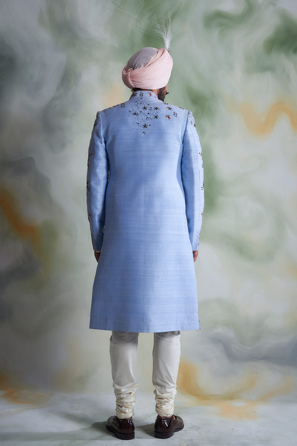SKY BLUE EMBROIDERED SILK  SHERWANI SET 5