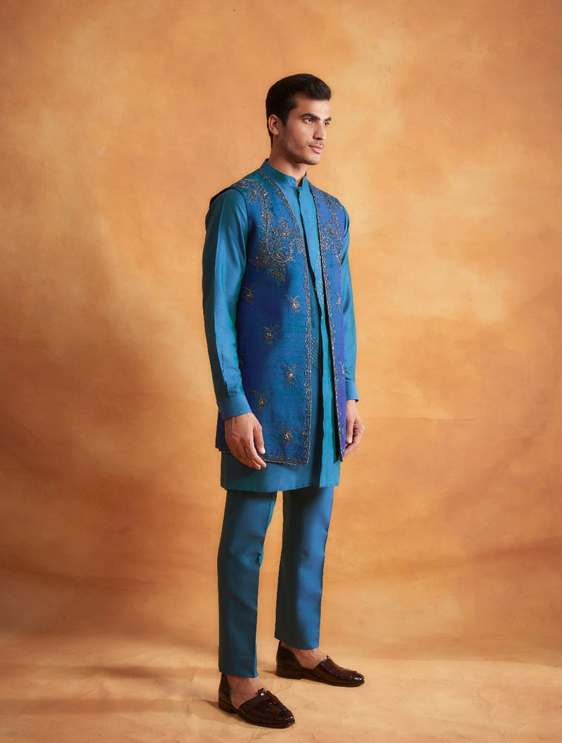 Gargee Designer's TEAL BLUE EMBROIDERED SILK SHRUG SET Gargee