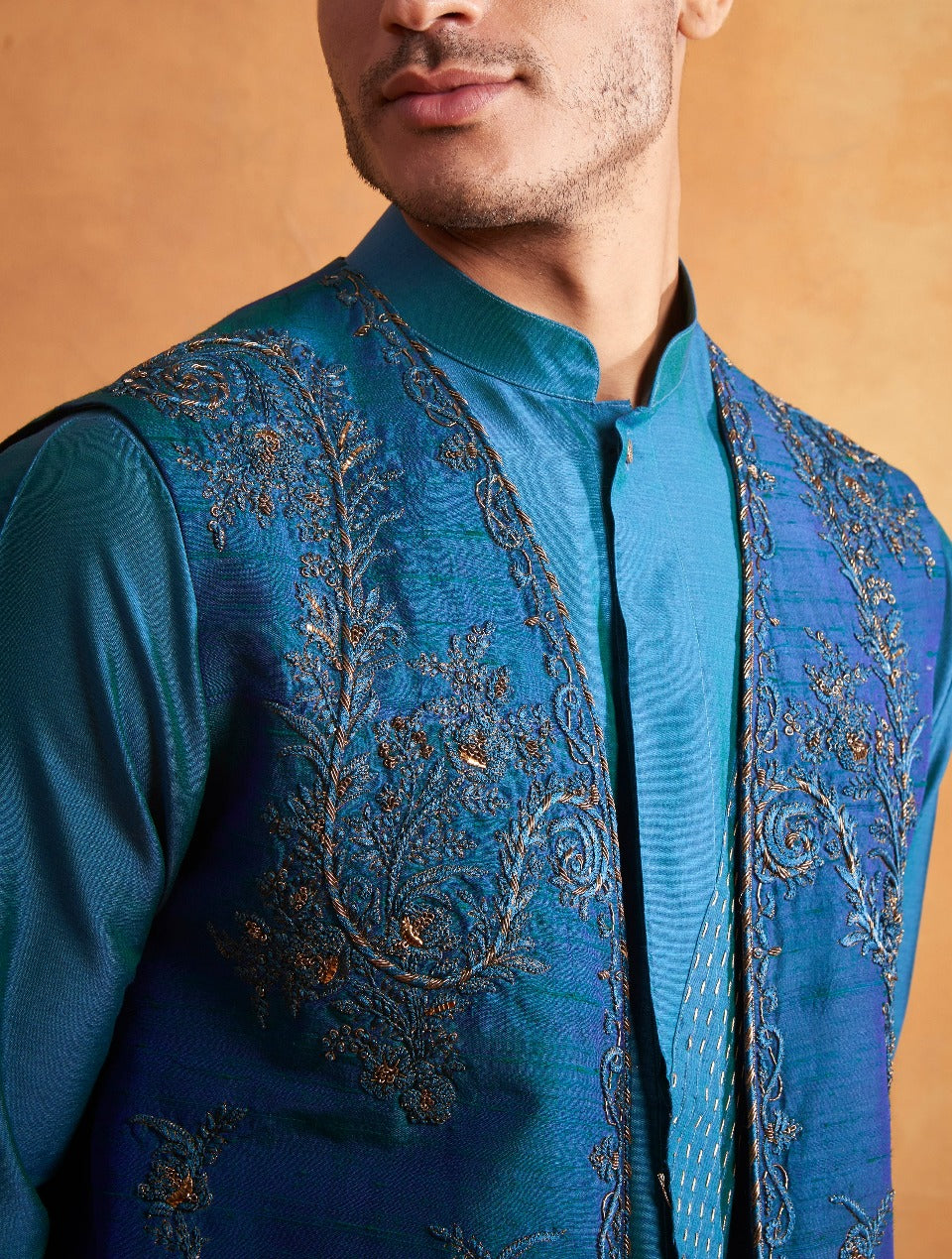 Gargee Designer's TEAL BLUE EMBROIDERED SILK SHRUG SET Gargee