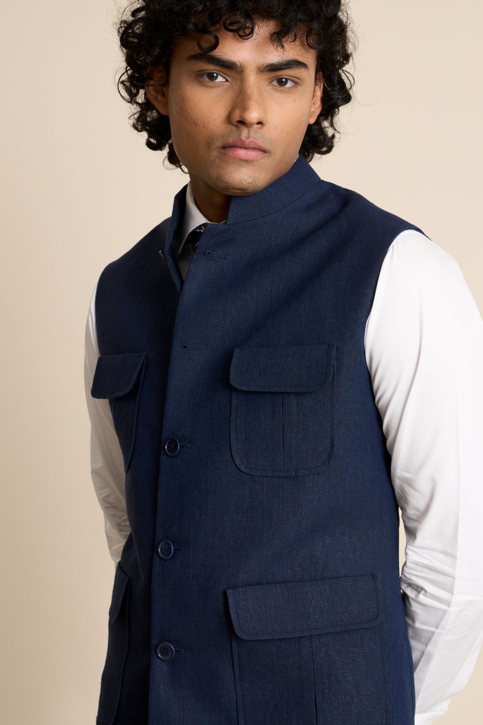 Gargee Designer's BLUE LINEN FUNCTIONAL DOWN VEST Gargee