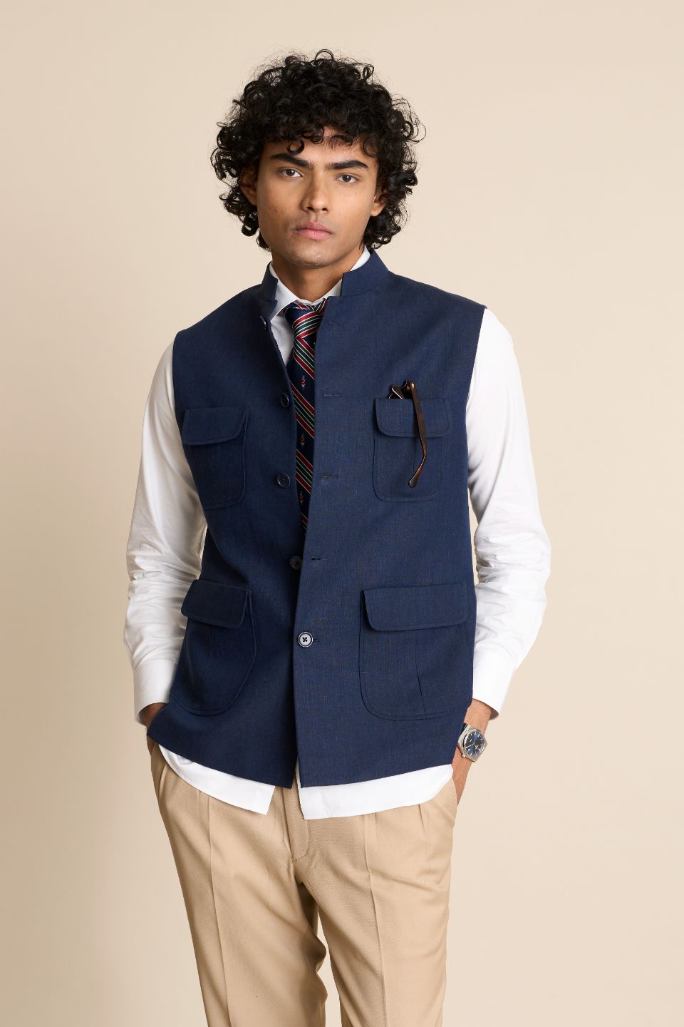 Gargee Designer's BLUE LINEN FUNCTIONAL DOWN VEST Gargee