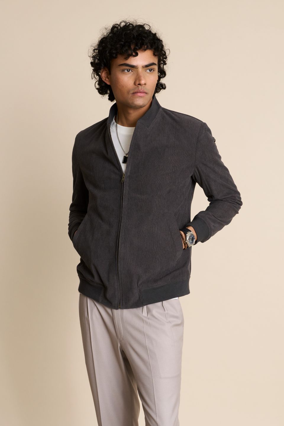 Gargee Designer's GREY ZIPPER CORDUROY BOMBER JACKET Gargee