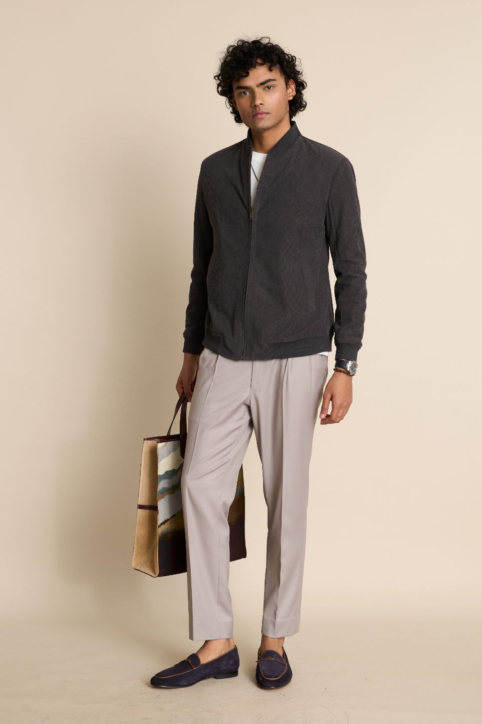 Gargee Designer's GREY ZIPPER CORDUROY BOMBER JACKET Gargee