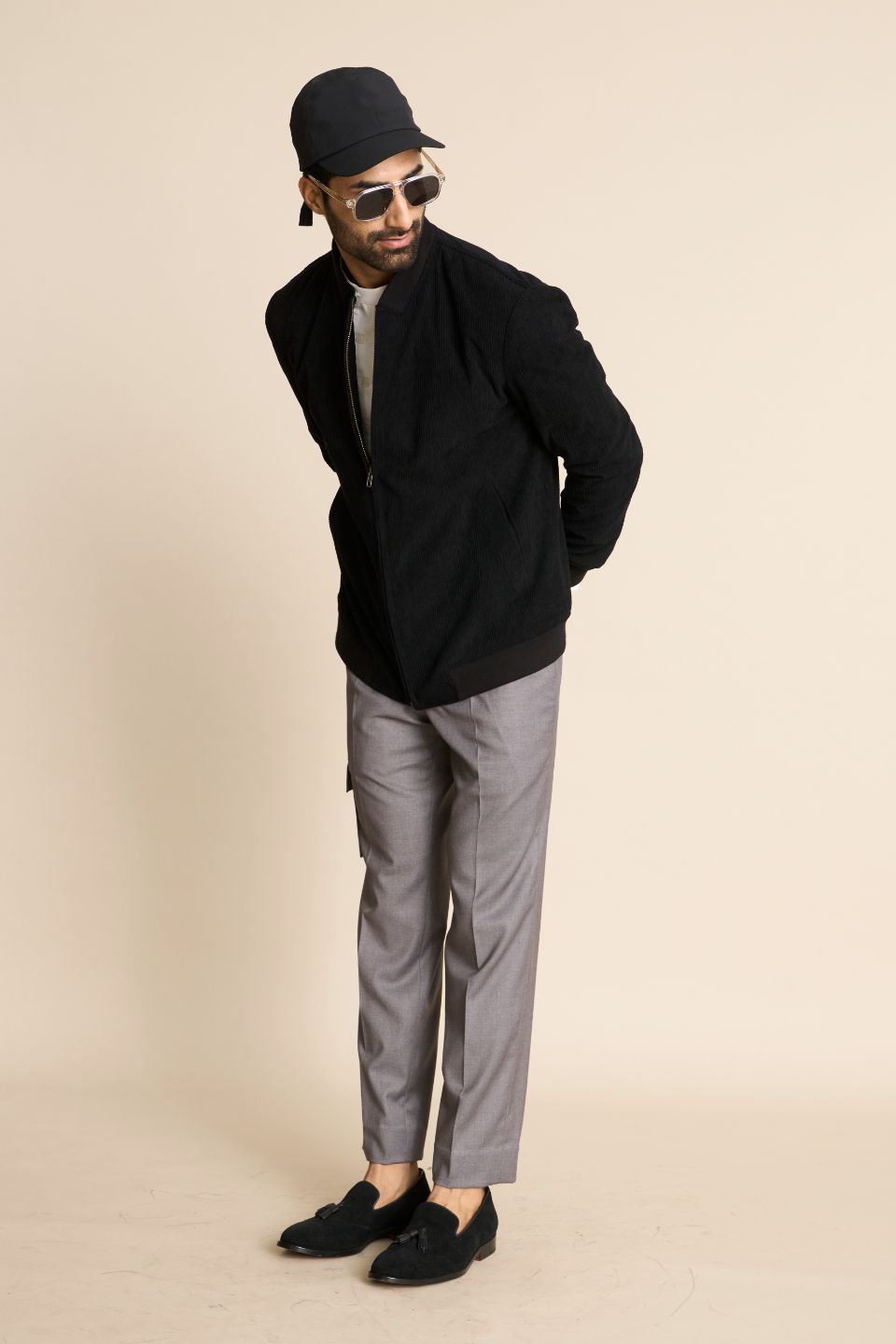 Gargee Designer's BLACK ZIPPER CORDUROY BOMBER JACKET Gargee