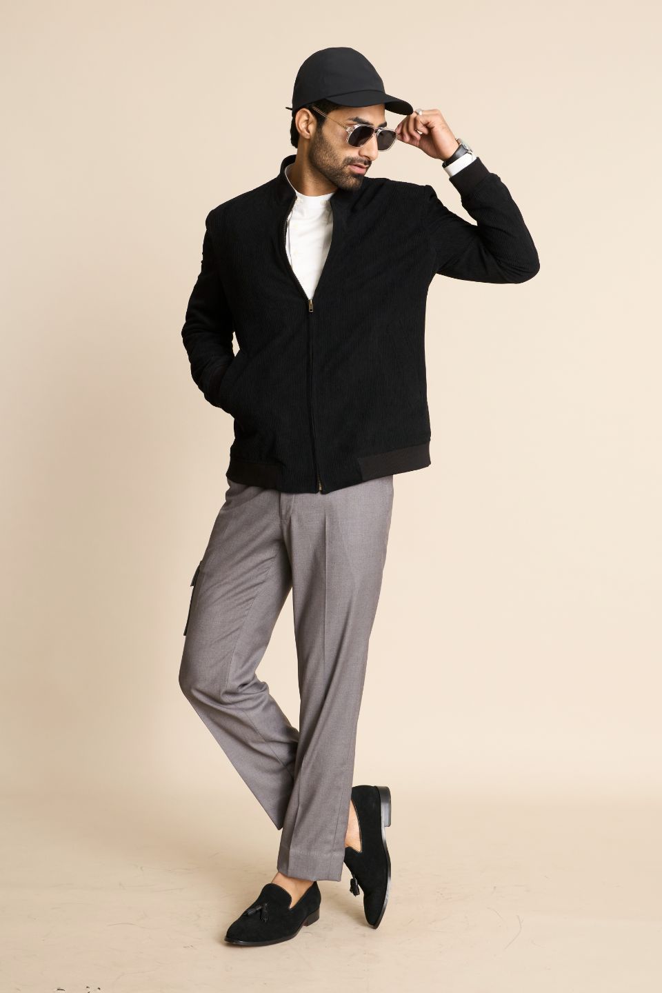 Gargee Designer's BLACK ZIPPER CORDUROY BOMBER JACKET Gargee
