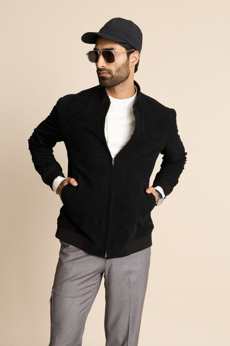 Gargee Designer's BLACK ZIPPER CORDUROY BOMBER JACKET Gargee