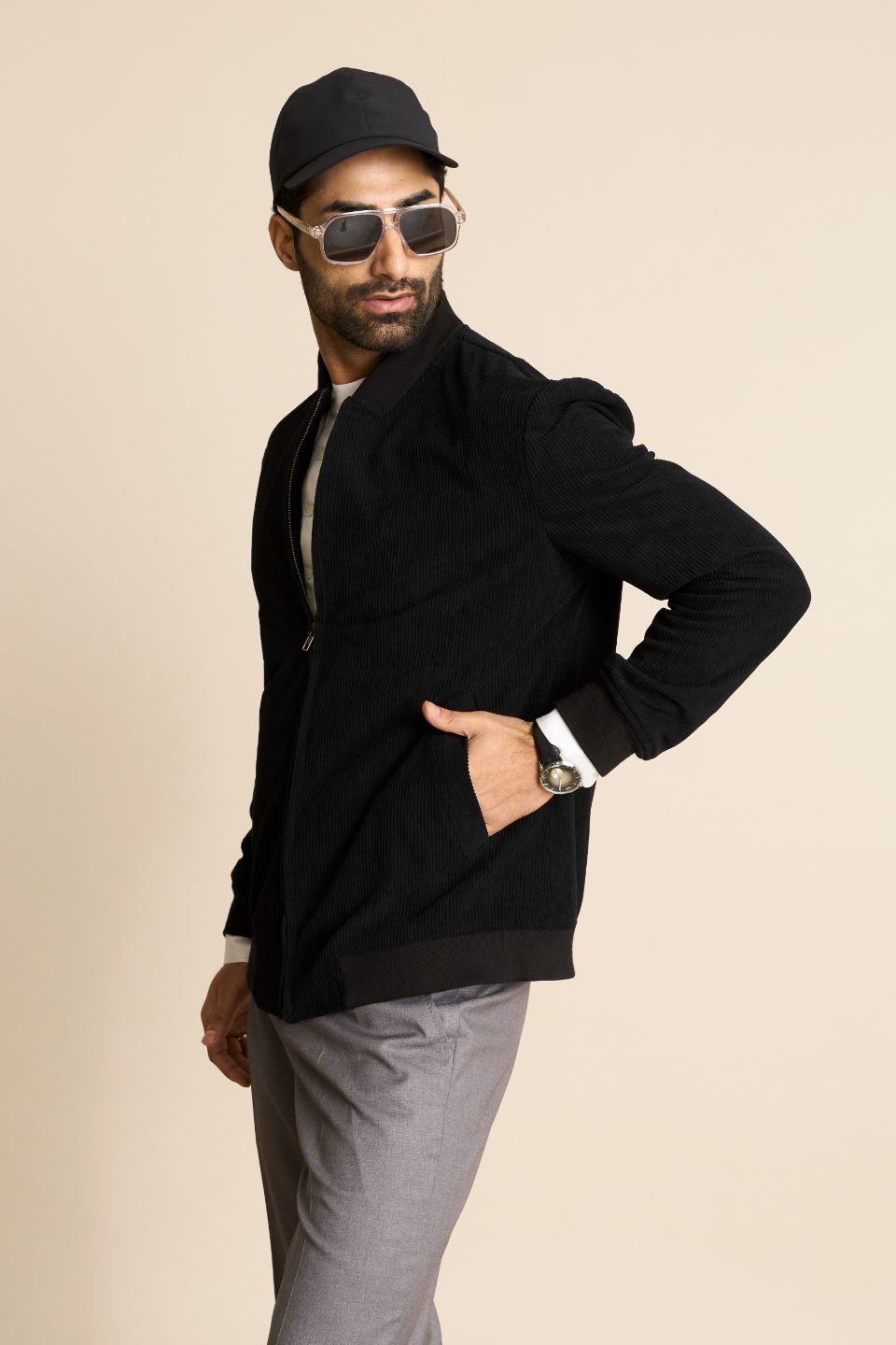 Gargee Designer's BLACK ZIPPER CORDUROY BOMBER JACKET Gargee