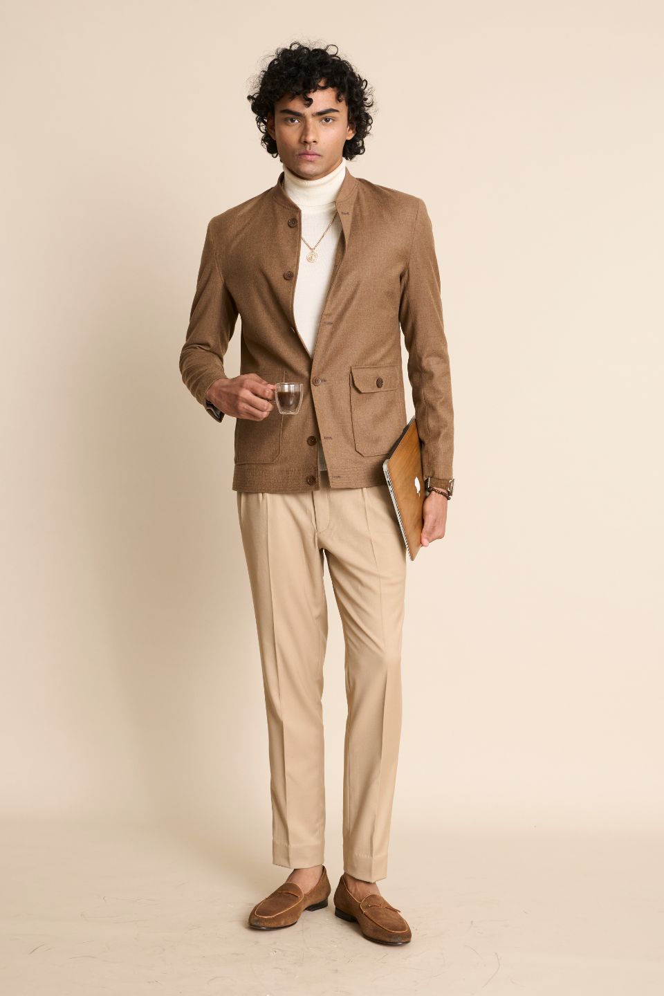 Gargee Designer's TAN FLANNEL BOMBER JACKET Gargee