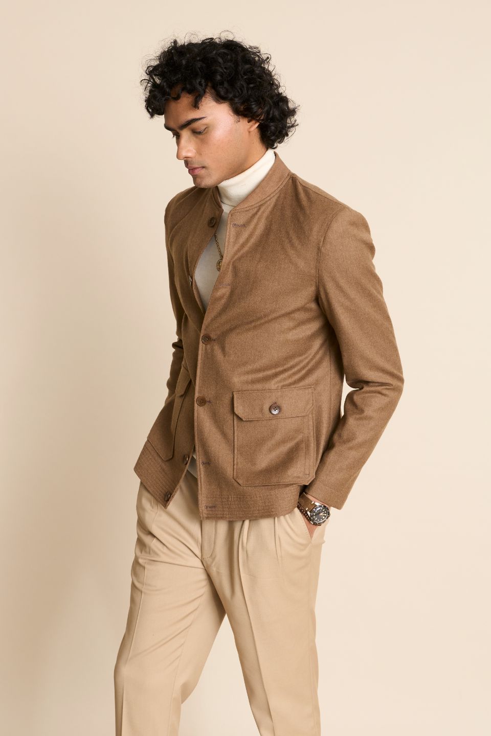 Gargee Designer's TAN FLANNEL BOMBER JACKET Gargee