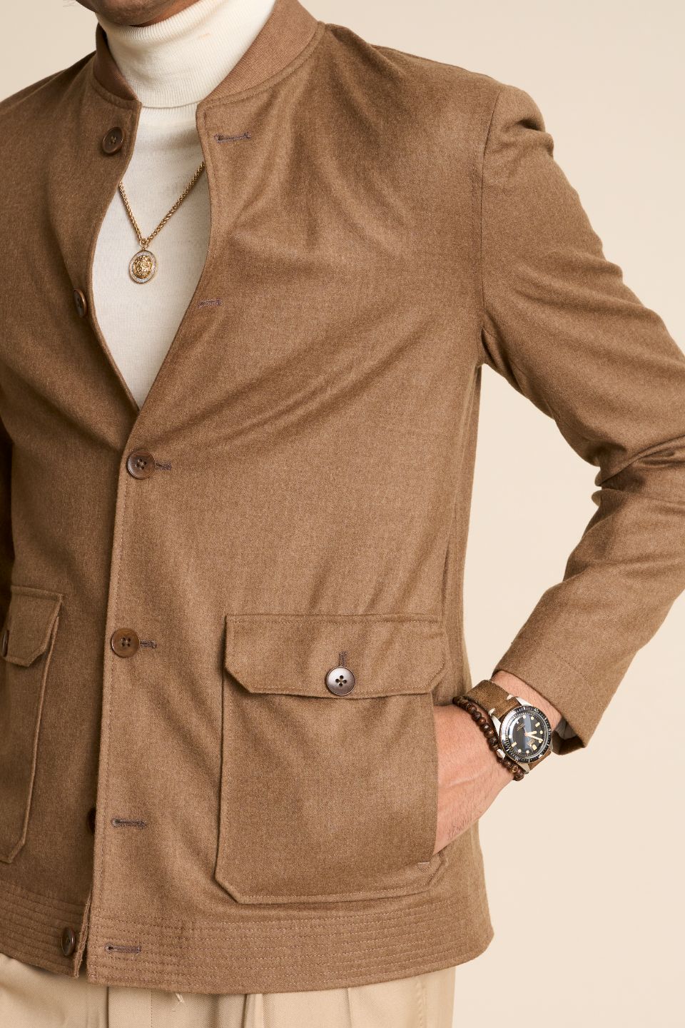 Gargee Designer's TAN FLANNEL BOMBER JACKET Gargee