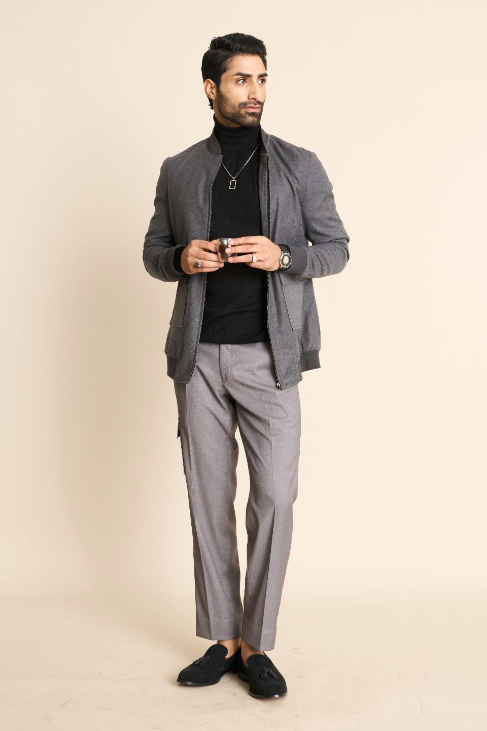 Gargee Designer's GREY FLANNEL BOMBER JACKET Gargee