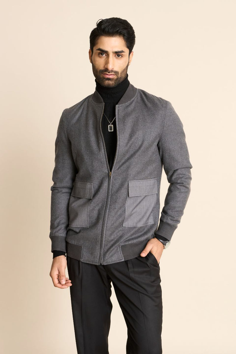 Gargee Designer's GREY FLANNEL BOMBER JACKET Gargee