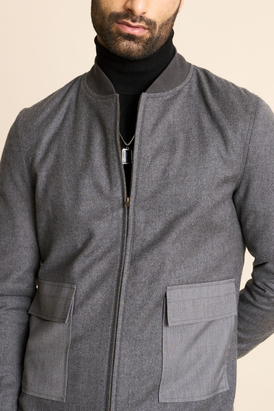 Gargee Designer's GREY FLANNEL BOMBER JACKET Gargee