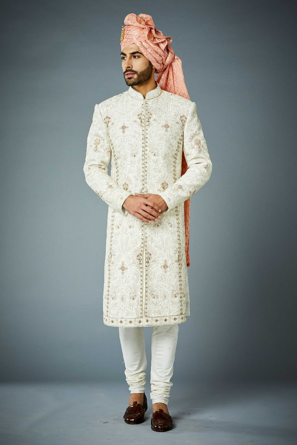Gargee Designer's IVORY ECCENTRIC TONAL EMBROIDERED SHERWANI SET Gargee
