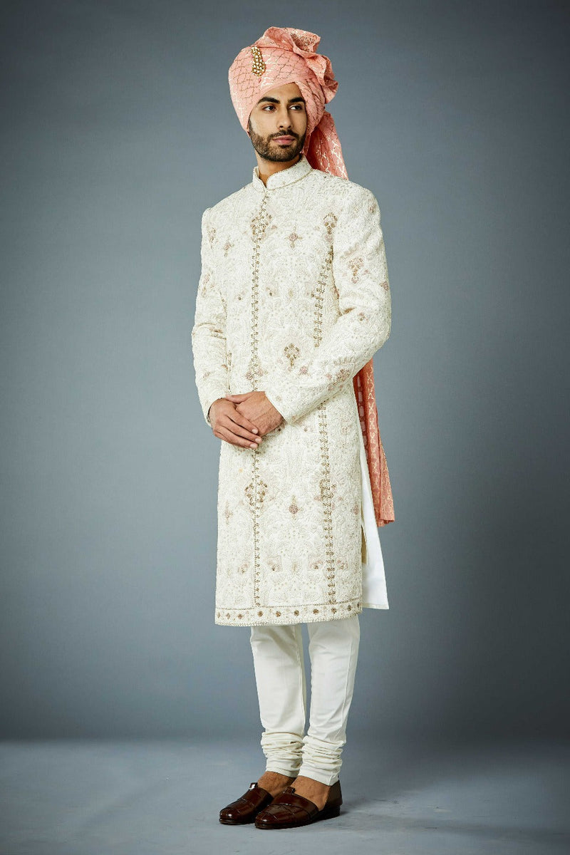 Gargee Designer's IVORY ECCENTRIC TONAL EMBROIDERED SHERWANI SET Gargee