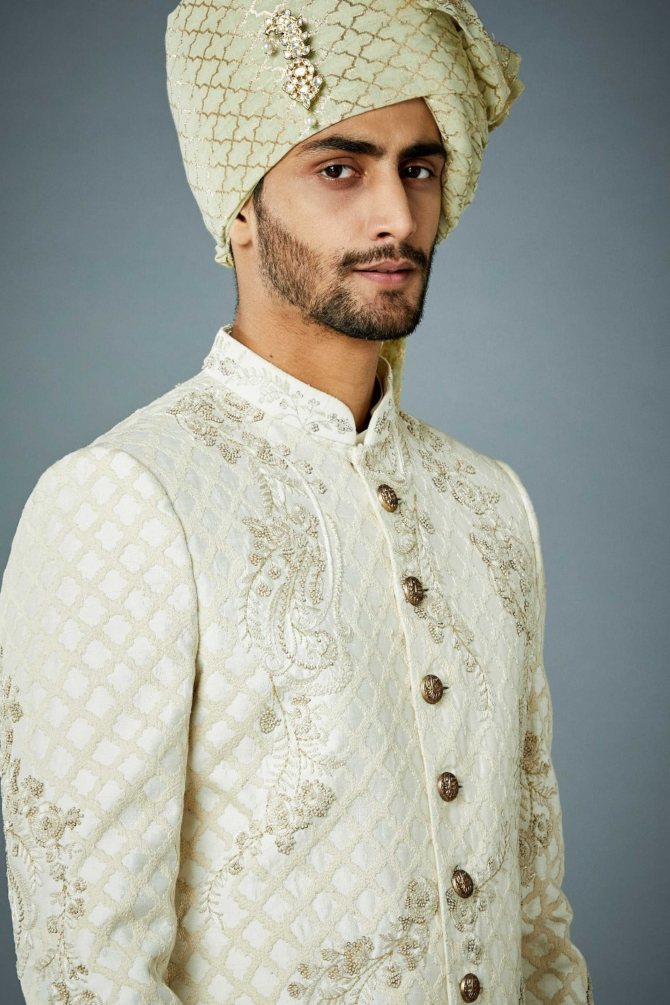 Gargee Designer's IVORY UNCONVENTIONAL TONAL EMBROIDERED SHERWANI SET Gargee