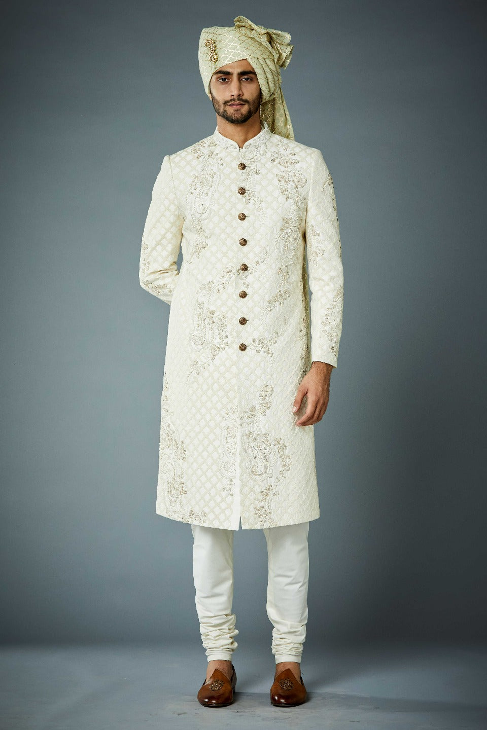 Gargee Designer's IVORY UNCONVENTIONAL TONAL EMBROIDERED SHERWANI SET Gargee