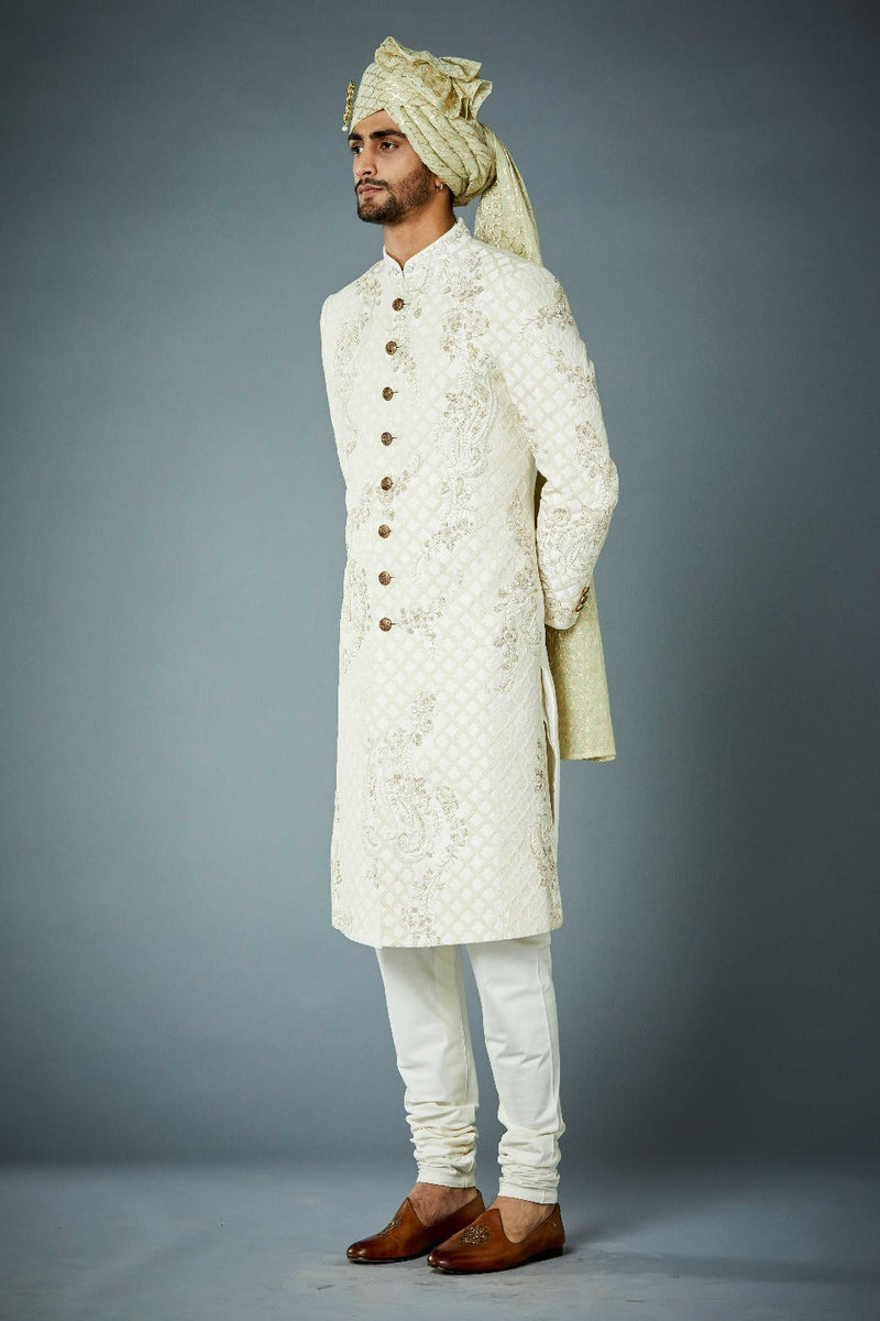Gargee Designer's IVORY UNCONVENTIONAL TONAL EMBROIDERED SHERWANI SET Gargee