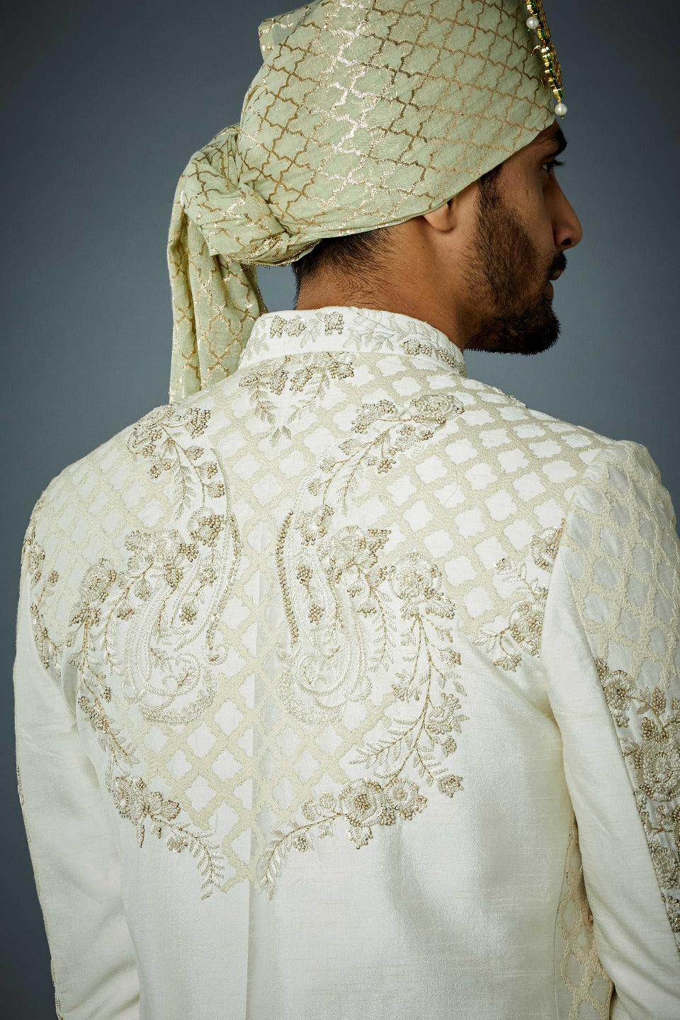 Gargee Designer's IVORY UNCONVENTIONAL TONAL EMBROIDERED SHERWANI SET Gargee