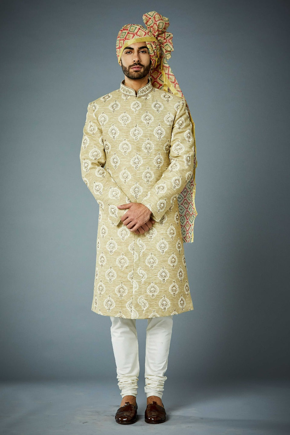 Gargee Designer's BEIGE VINTAGE BUTI EMBROIDERED SHERWANI SET Gargee