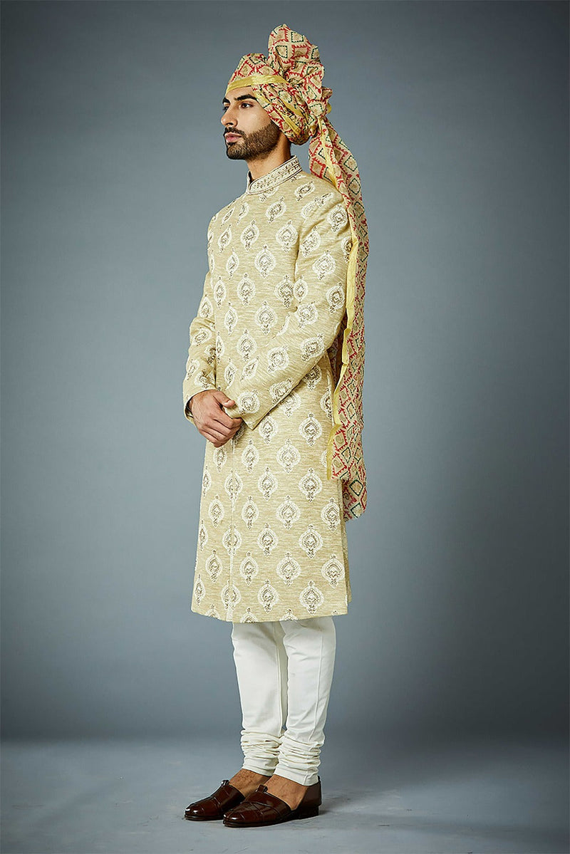 Gargee Designer's BEIGE VINTAGE BUTI EMBROIDERED SHERWANI SET Gargee