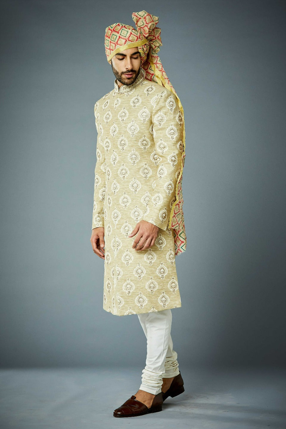 Gargee Designer's BEIGE VINTAGE BUTI EMBROIDERED SHERWANI SET Gargee