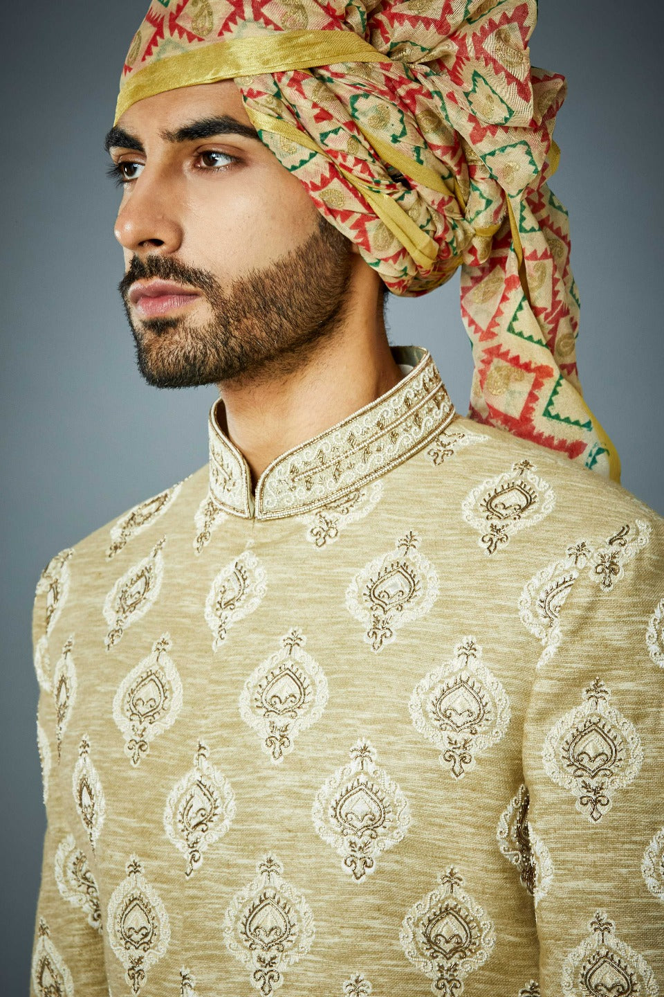 Gargee Designer's BEIGE VINTAGE BUTI EMBROIDERED SHERWANI SET Gargee