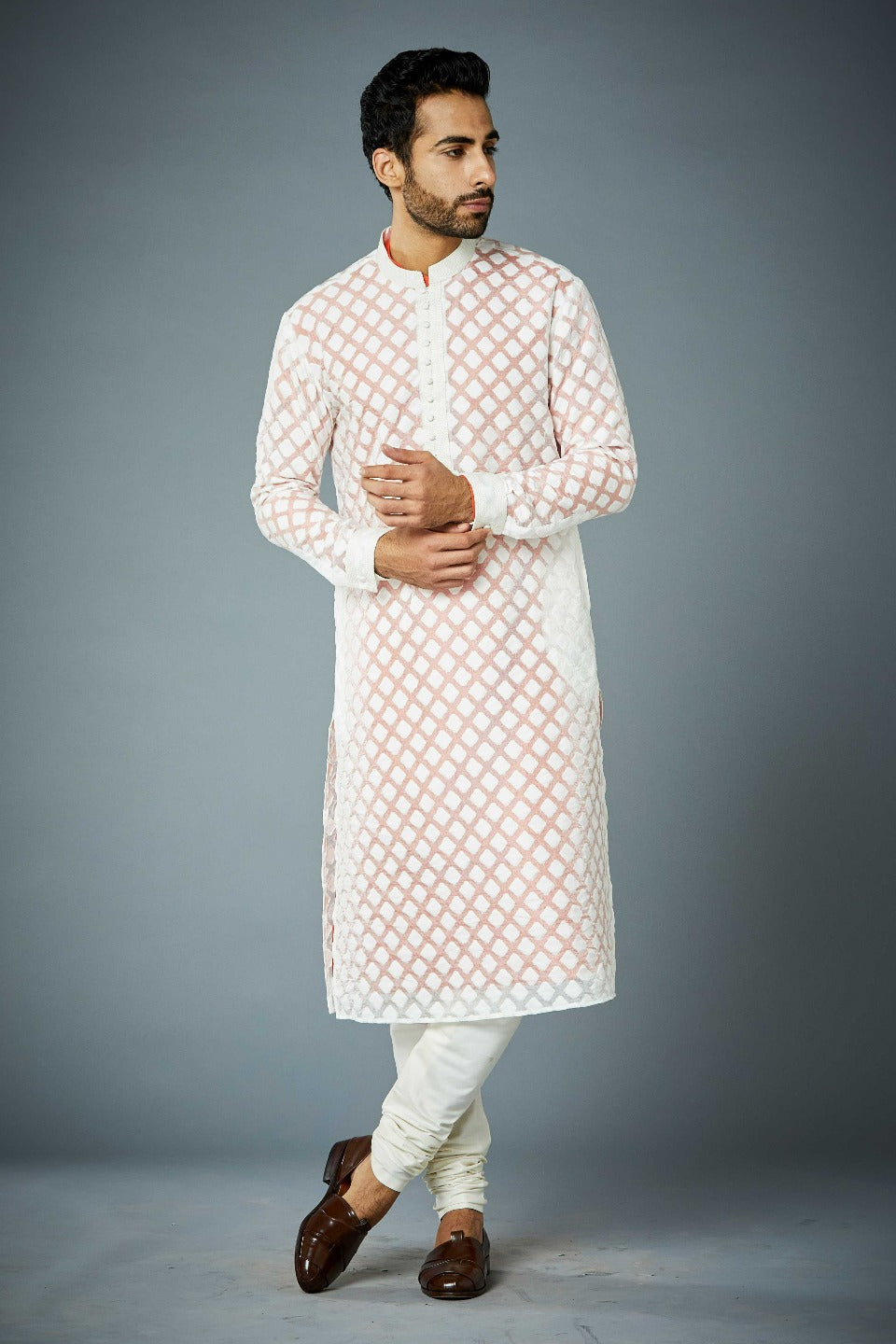Gargee Designer's WHITE SPATIAL TRANSLUCENT TENCIL KURTA SET Gargee