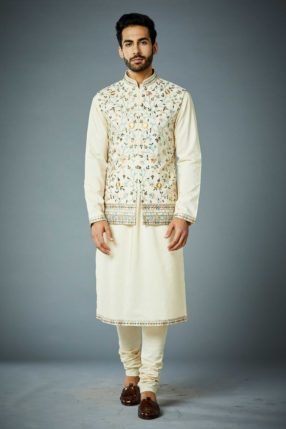 Gargee Designer's MULTICOLORED FLORAL EMBROIDERED BUNDI SET Gargee