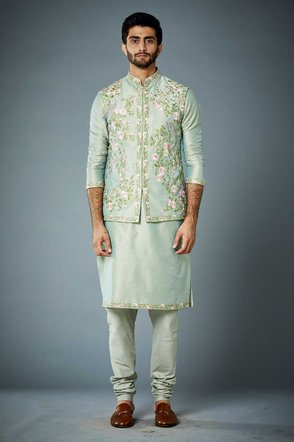 Gargee Designer's MINT FLORAL EMBROIDERED BUNDI SET Gargee