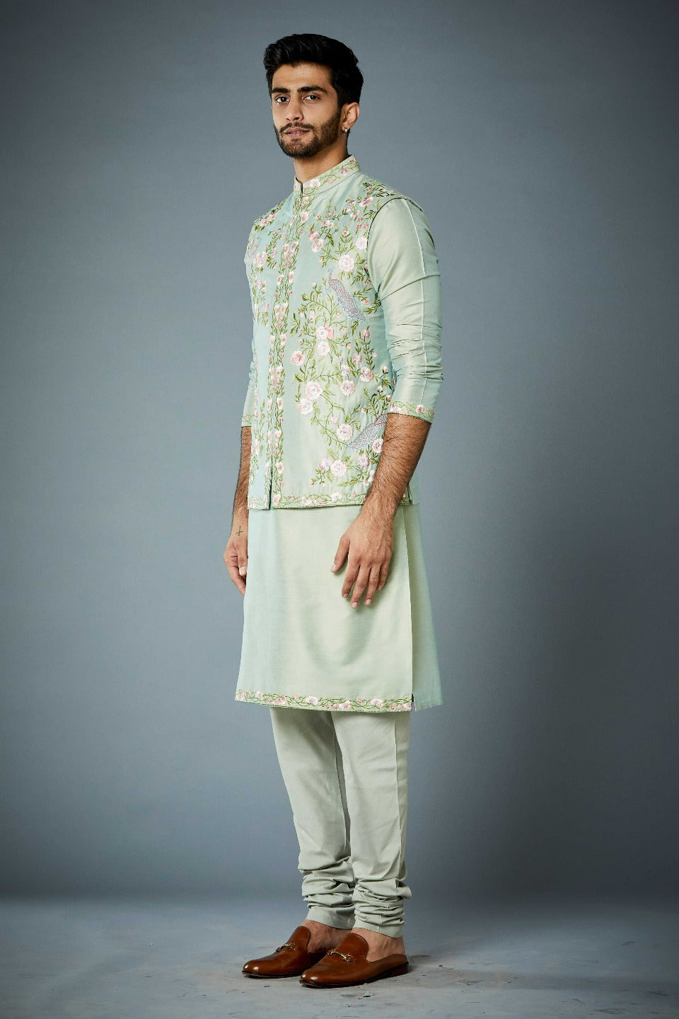 Gargee Designer's MINT FLORAL EMBROIDERED BUNDI SET Gargee