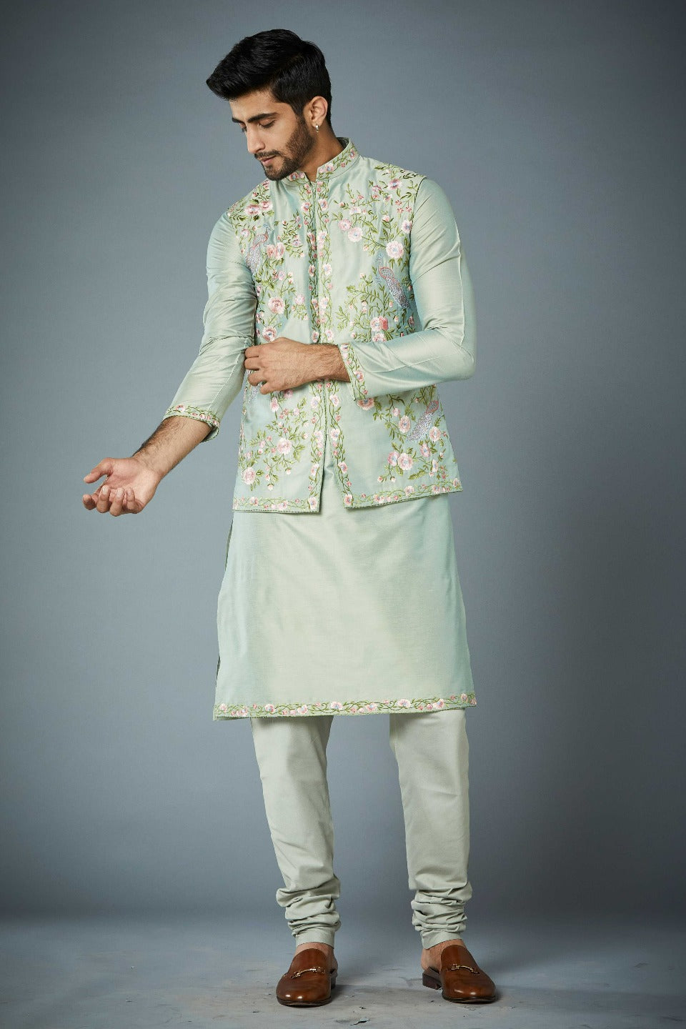 Gargee Designer's MINT FLORAL EMBROIDERED BUNDI SET Gargee