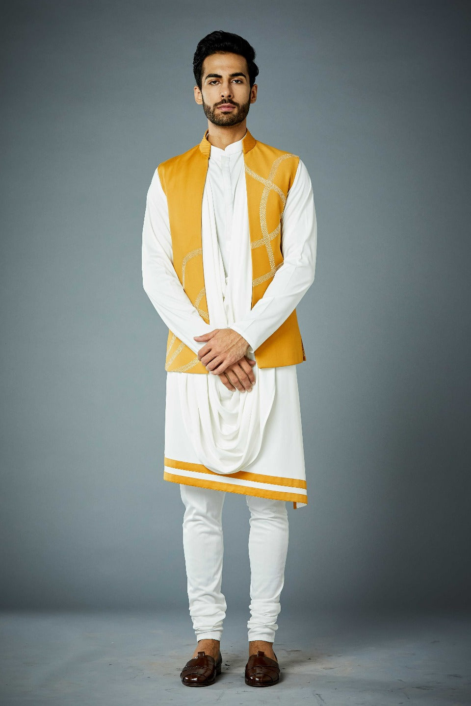 Gargee Designer's MUSTARD SERPENT Shrug Set WITH DRAPE KURTA SET Gargee