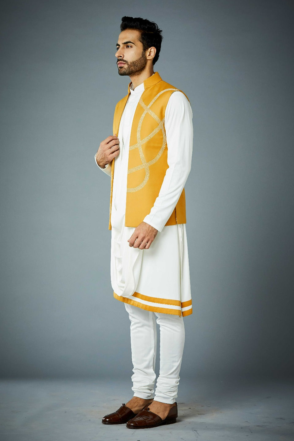 Gargee Designer's MUSTARD SERPENT Shrug Set WITH DRAPE KURTA SET Gargee
