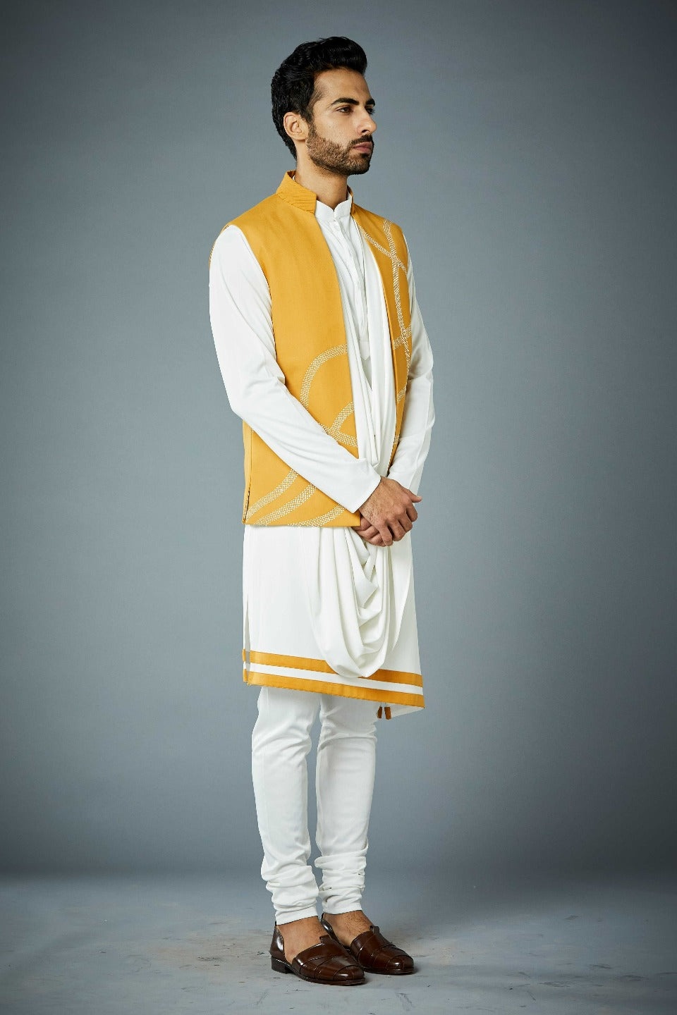 Gargee Designer's MUSTARD SERPENT Shrug Set WITH DRAPE KURTA SET Gargee