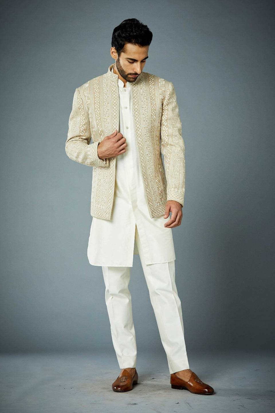 Gargee Designer's BEIGE GEO-PARALLEL JODHPURI SET Gargee