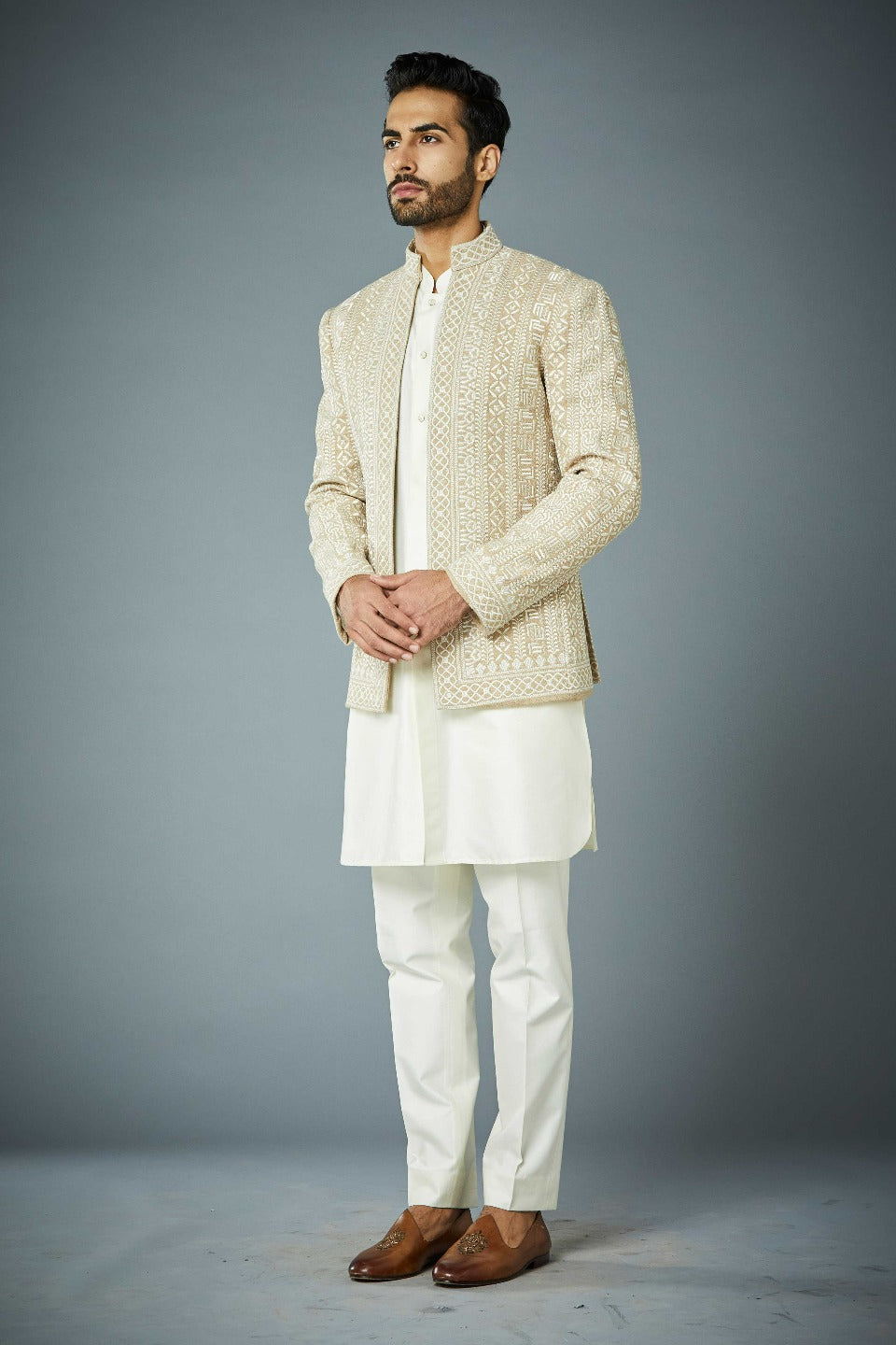 Gargee Designer's BEIGE GEO-PARALLEL JODHPURI SET Gargee